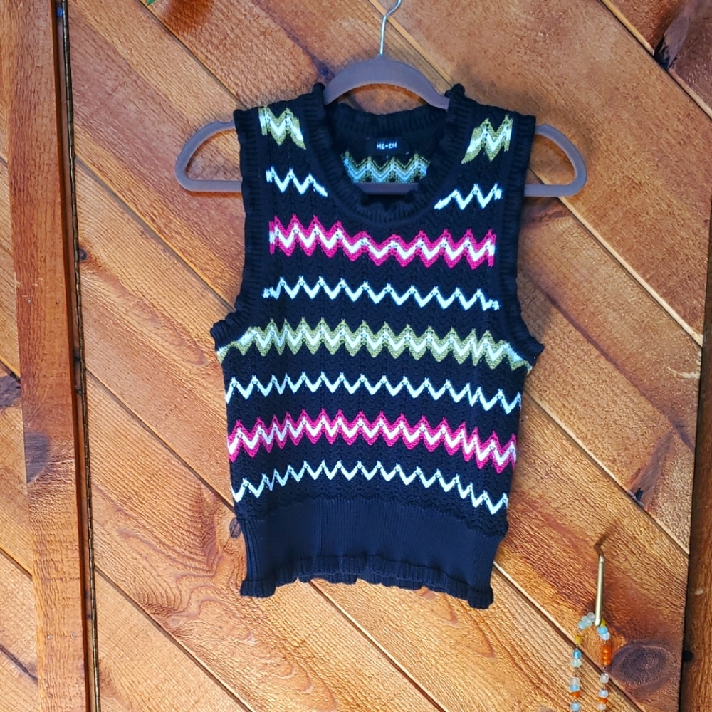 NWOT ME+EM Black Knit Chevron Ruffle tank top small